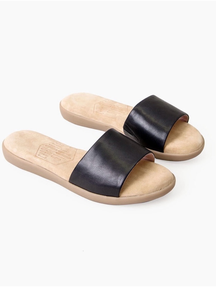 Charlotte Stone Edie Black Leather Tan Suede Slip-On Sandals Size 11